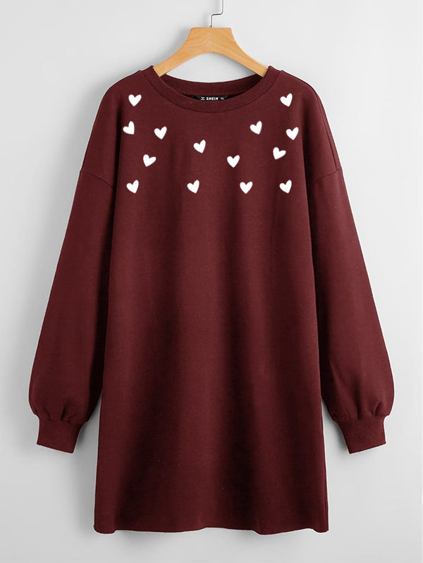 LONG LENGTH SWEATSHIRT MAROON HEARTS ALL OVER