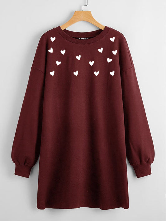 LONG LENGTH SWEATSHIRT MAROON HEARTS ALL OVER