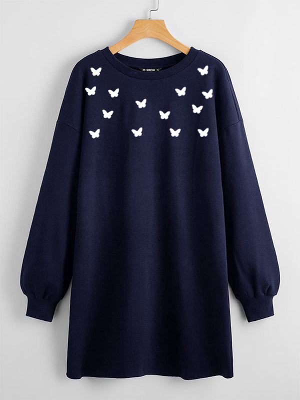 LONG LENGTH SWEATSHIRT NAVY BLUE ALL OVER BUTTERFFLIES