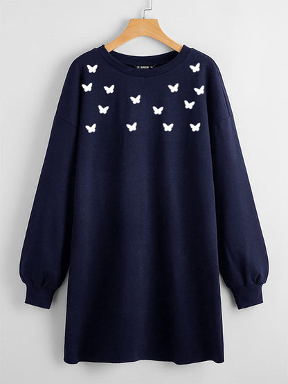 LONG LENGTH SWEATSHIRT NAVY BLUE ALL OVER BUTTERFFLIES