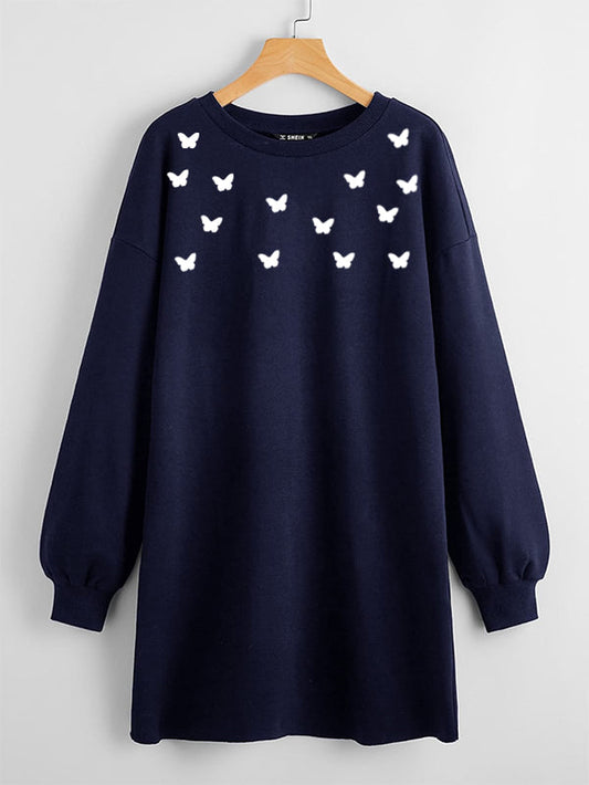 LONG LENGTH SWEATSHIRT NAVY BLUE ALL OVER BUTTERFFLIES