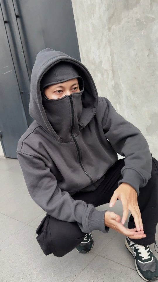 Aesthetic shot of Ninja Style Hoodie worn with cargo pants, urban techwear look Pakistan.