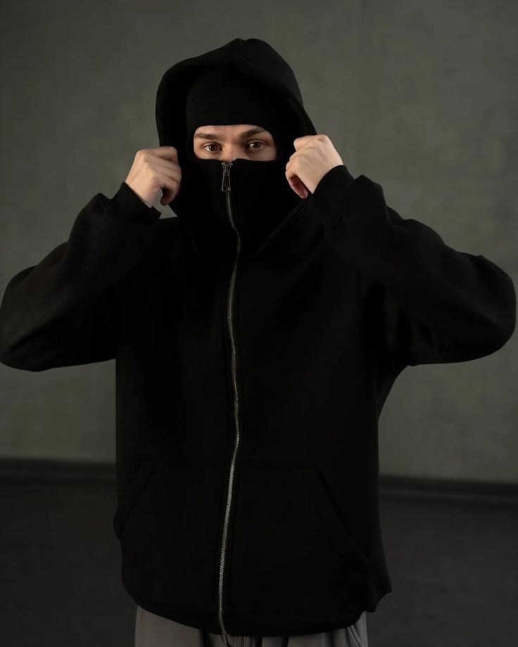 Black Balaclava Ninja Hoodie, full-zip up, thick fleece for extreme Pakistan winter and cold weather riding.
