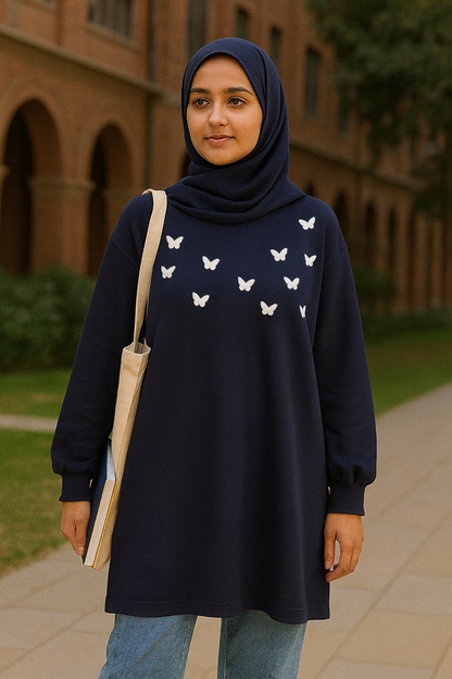 LONG LENGTH SWEATSHIRT NAVY BLUE ALL OVER BUTTERFFLIES