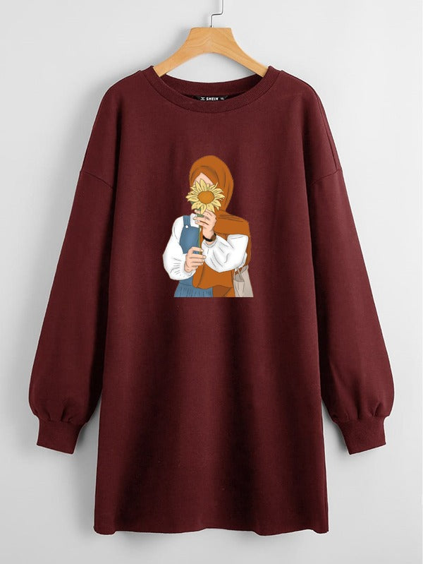 LONG LENGTH SWEATSHIRT MAROON GIRL SCARF SUNFLOWER